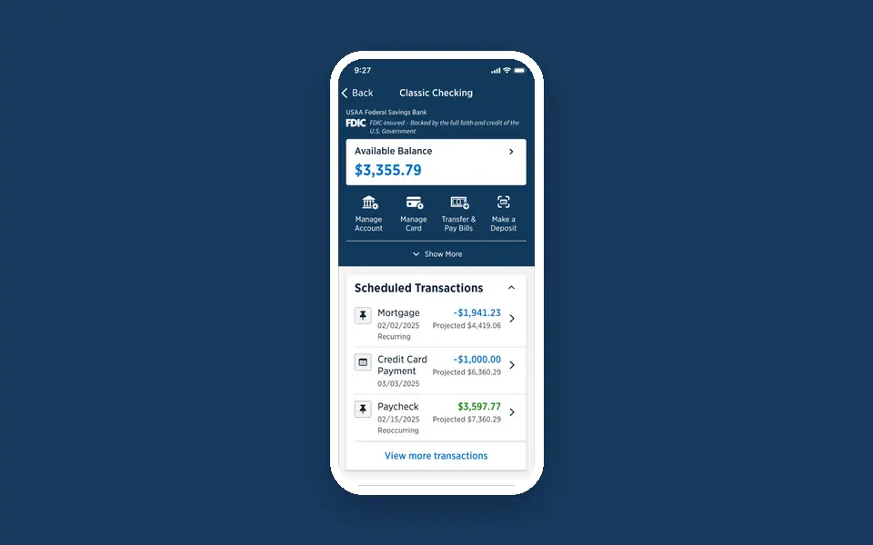 Animated walkthrough of the redesigned scheduled transactions: account view, tapping View more transactions, then the transactions list with projected balances