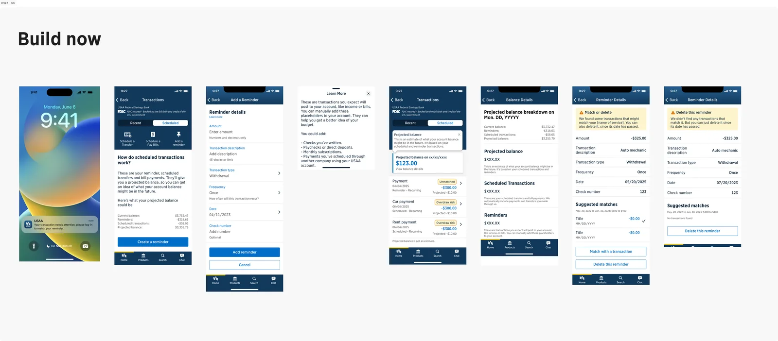 Release 1 screens: reminder details, projected balance breakdown, and reminder matching flow
