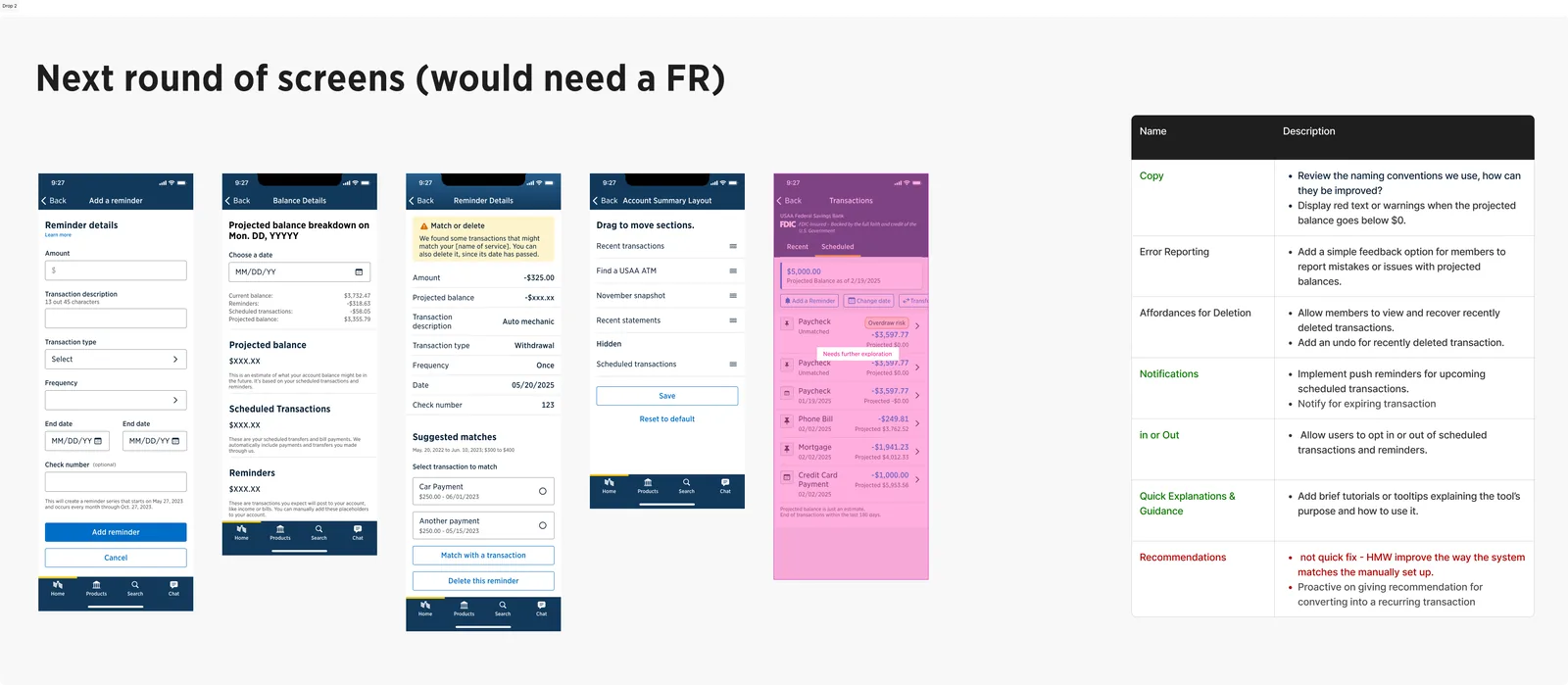 Release 2 screens including reorder, notification opt-in, and account summary