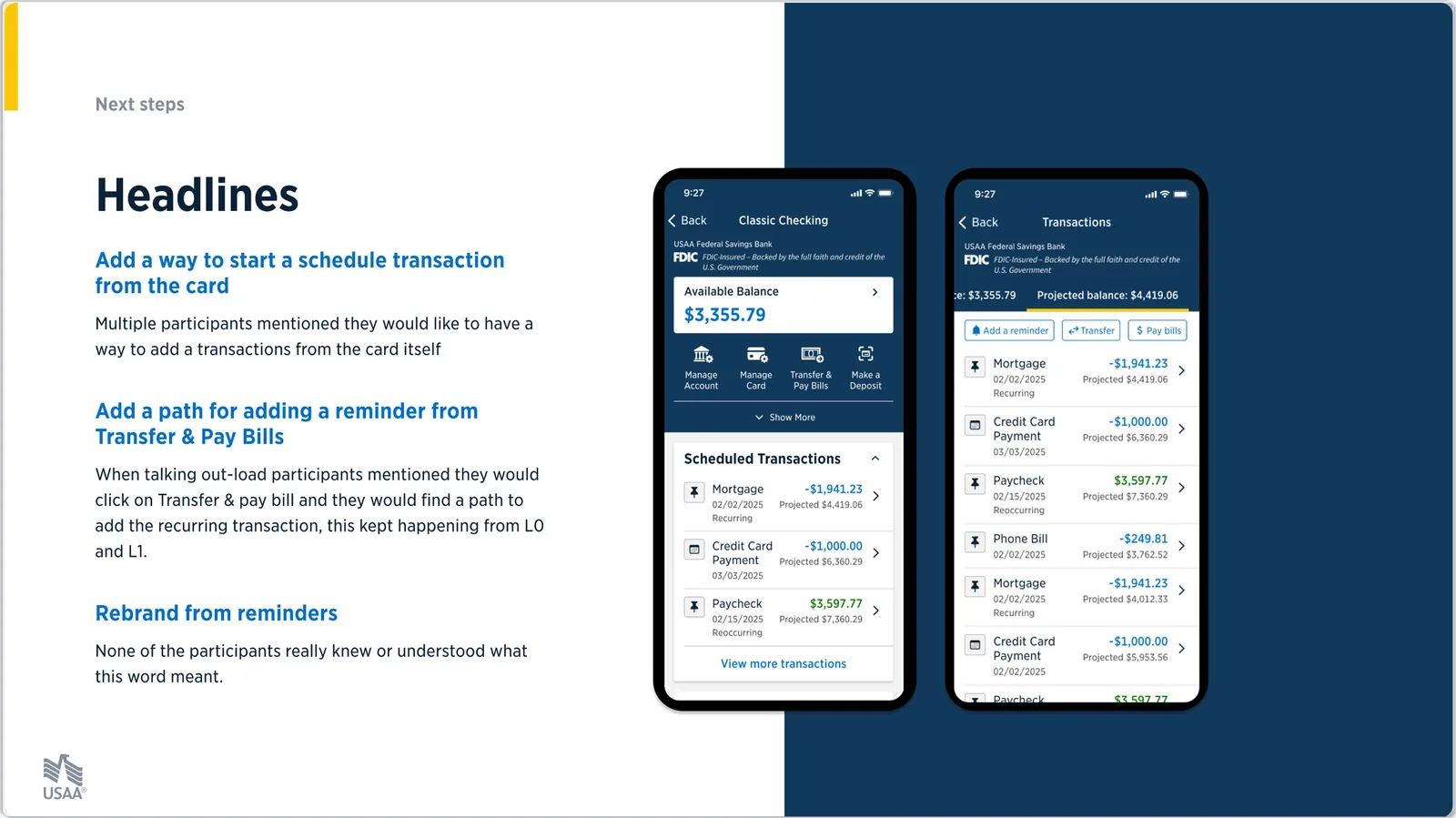 Usability headlines next to redesigned screens: account view with scheduled transactions and a transactions list with projected balance