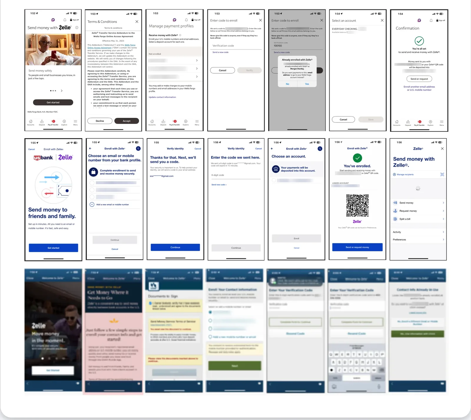 Grid of Zelle enrollment screens from several major banks