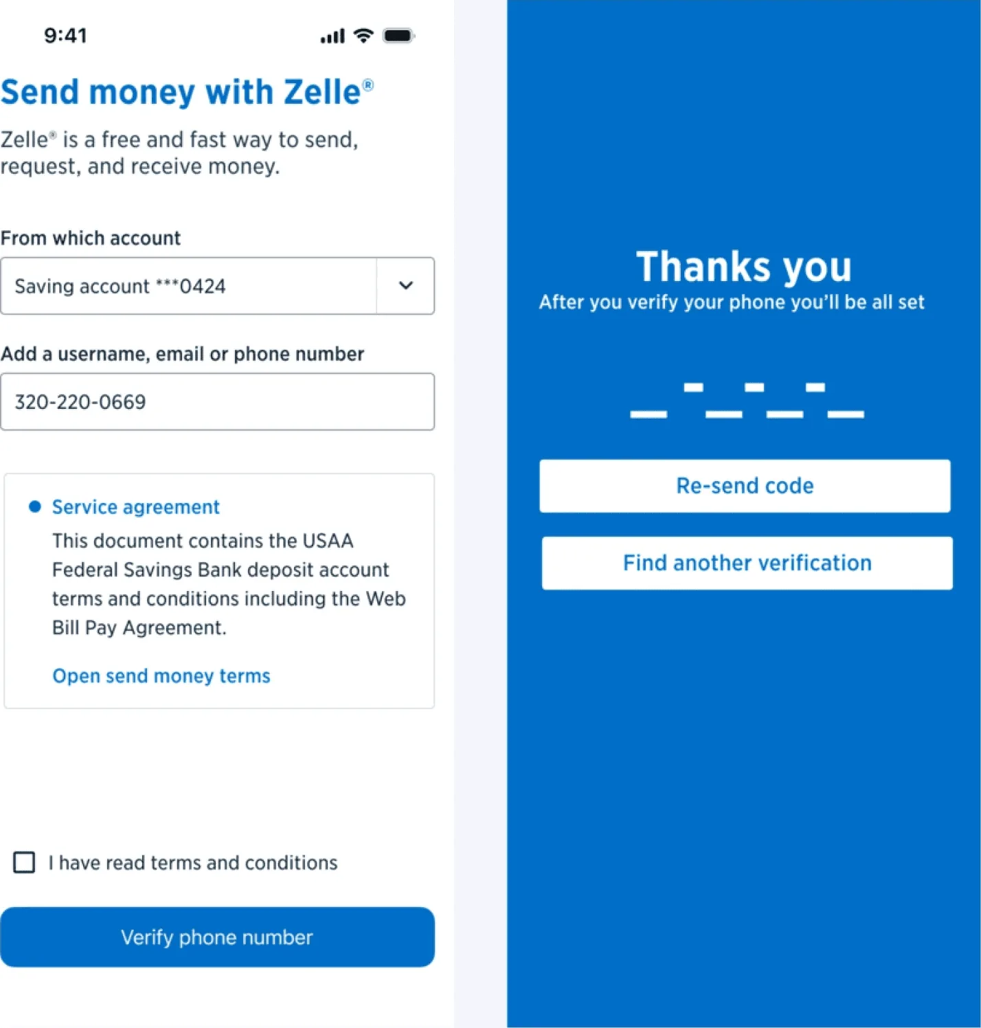 High-fidelity enrollment screens: send money with Zelle form and verification