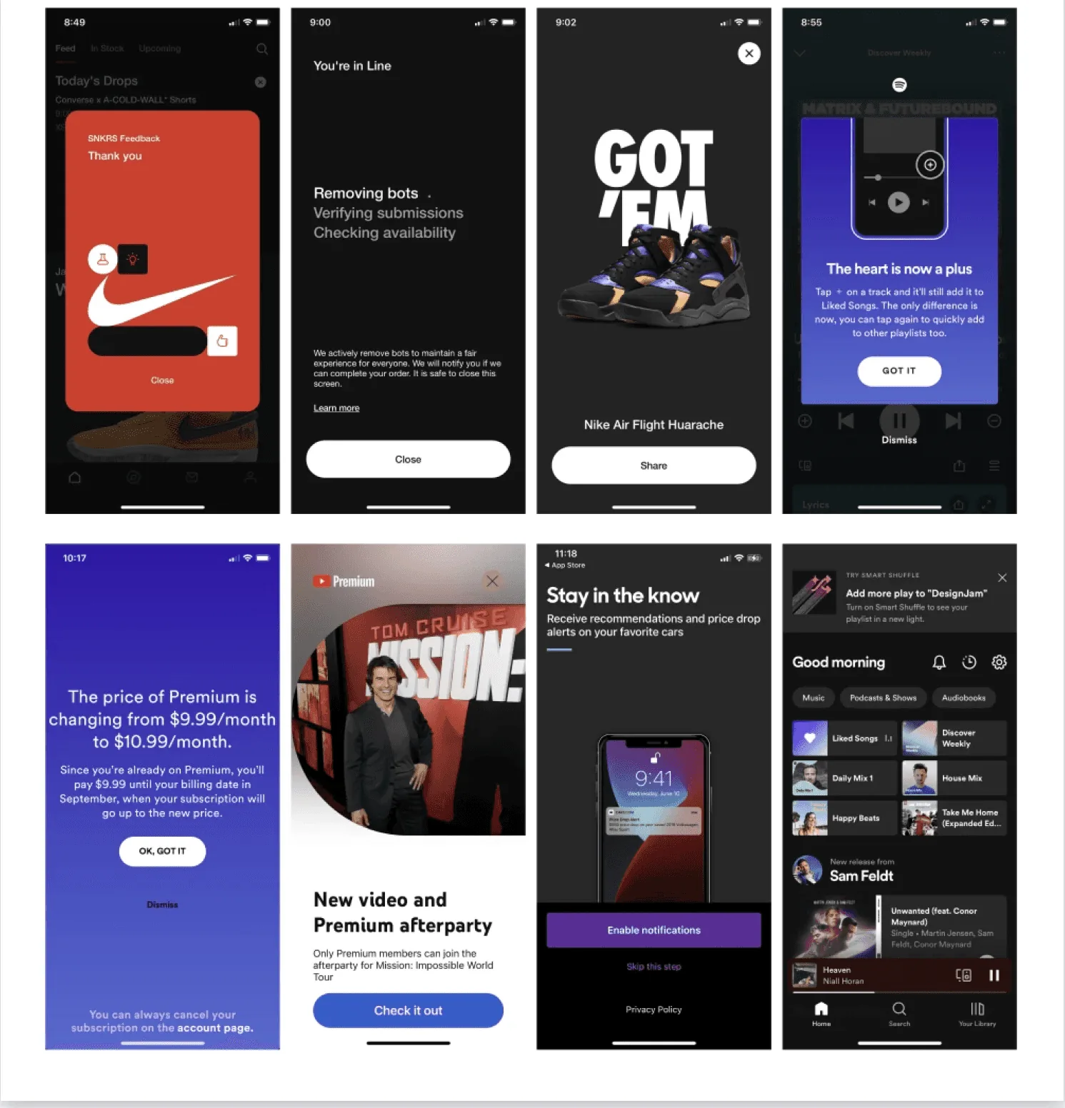 Onboarding screens from Nike and Spotify used as inspiration
