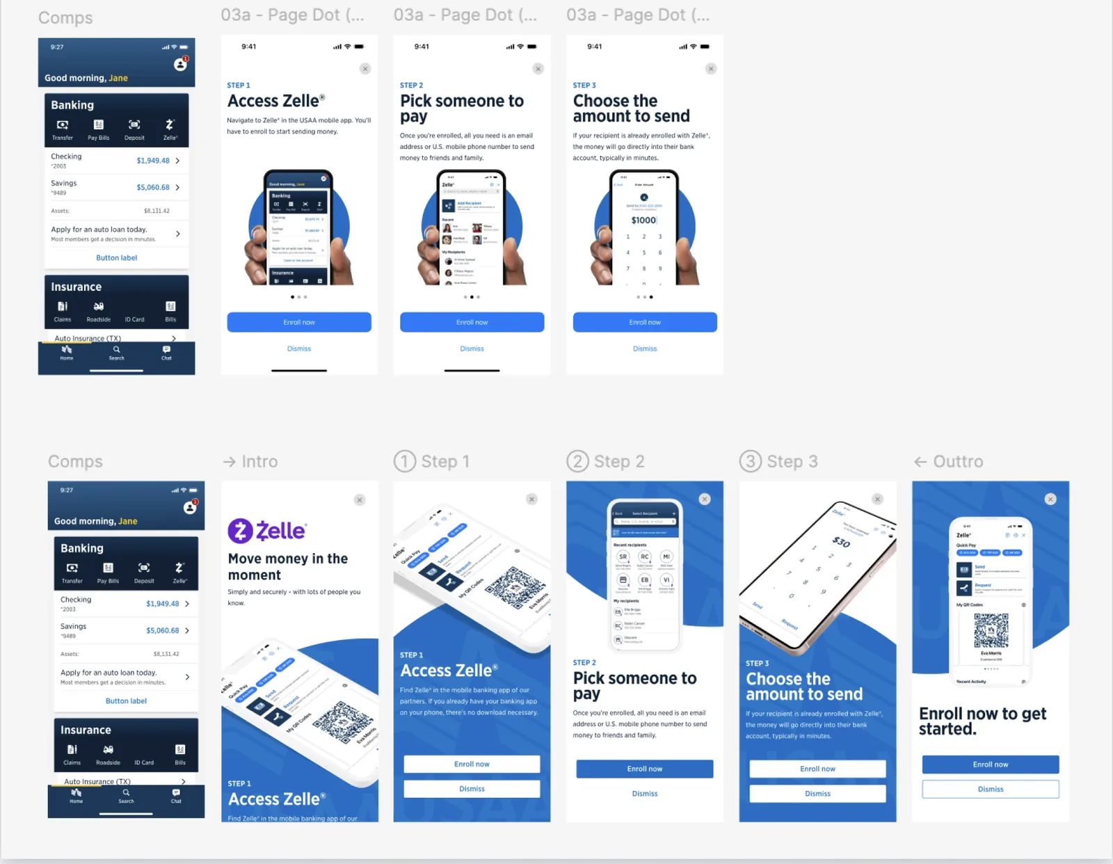 Intro concepts: a conservative page-dot version (top) and a story-driven version (bottom)