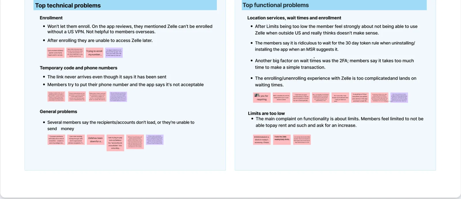 Synthesis board grouping top technical and functional enrollment problems from member comments